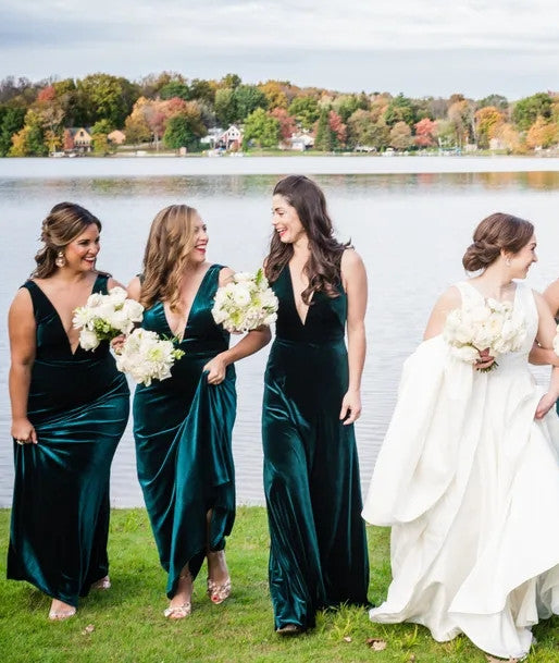 Long Winter Green Velvet Bridesmaid Dresses UK Deep V Neck Dress US14 / Custom Color Long Winter Green Velvet Bridesmaid Dresses UK Deep V Neck Dress US14 / Custom Color