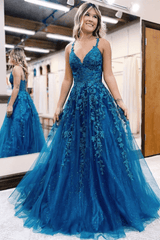 2024 Long Blue Lace Prom Dresses V Neck Formal Evening Dresses Open Back