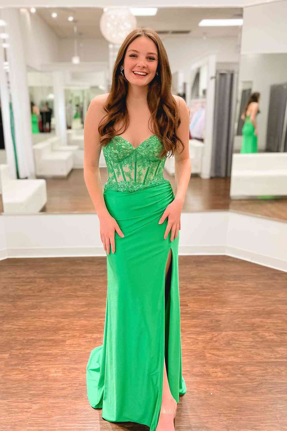 2024 Long Corset Lace Green Prom Dress Sweetheart Applique with Slit –  MyChicDress