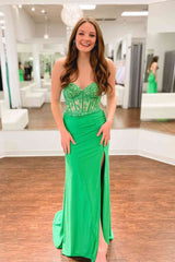 2024 Long Corset Lace Green Prom Dress Sweetheart Applique with Slit