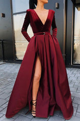 Burgundy Long Sleeves Prom Dresses 2024 with Pocket V Neck Evening Dresses