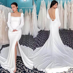 Long Sleeves Square Neck Satin Wedding Dresses Mermaid High Side Split Backless