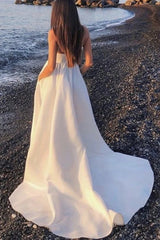 Long White Prom Dress V Neck Long Formal Maxi Dress Open Back with High Slit