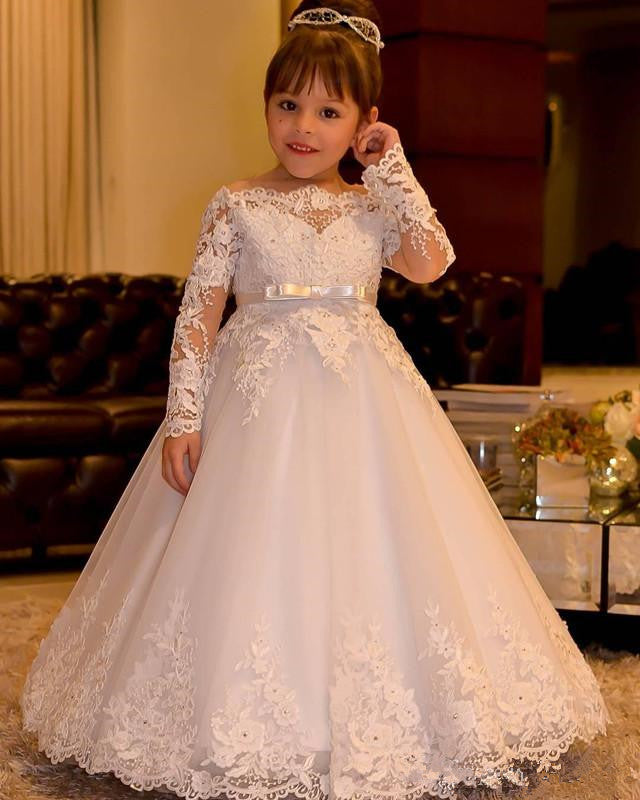 Lovely Long Sleeves Off Shoulder White Lace Flower Girl Dresses