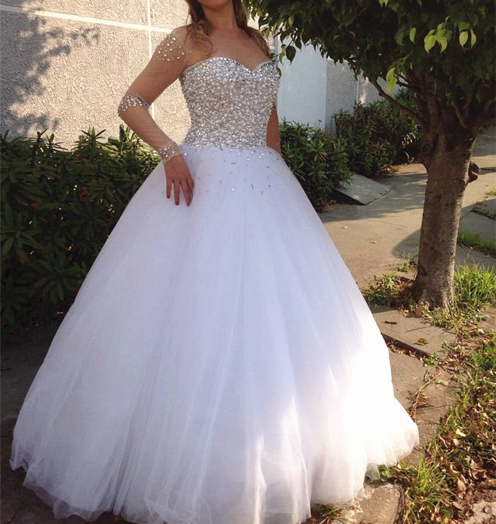 luxury ball gown wedding dresses Luxury Sequin Applique Ball Gown sparkly wedding dress with Long Sleeves, V-Neckline, 3D Lace Ruffles, Beads, and Diamonds