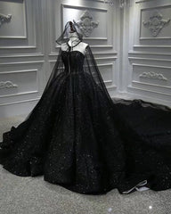 Luxury Ball Gown Sequin Black Wedding Dresses Gothic With Cape Veil