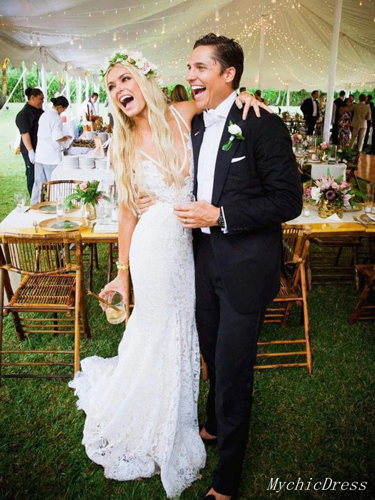 Mermaid Boho Beach Lace Wedding Dresses Country V Neck Bridal Gowns US4 Same As Picture