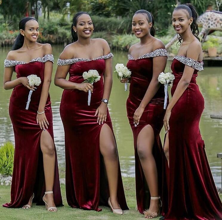 Mermaid Burgundy Velvet Bridesmaid Dresses Off the Shoulder Beaded Dress US6 / Custom Color Mermaid Burgundy Velvet Bridesmaid Dresses Off the Shoulder Beaded Dress US6 / Custom Color