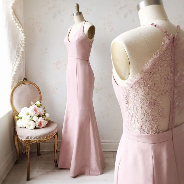 Mermaid Dusty Pink Wedding Guest Dresses Long Lace Bridesmaid Dress US2 / Custom Color Mermaid Dusty Pink Wedding Guest Dresses Long Lace Bridesmaid Dress US2 / Custom Color