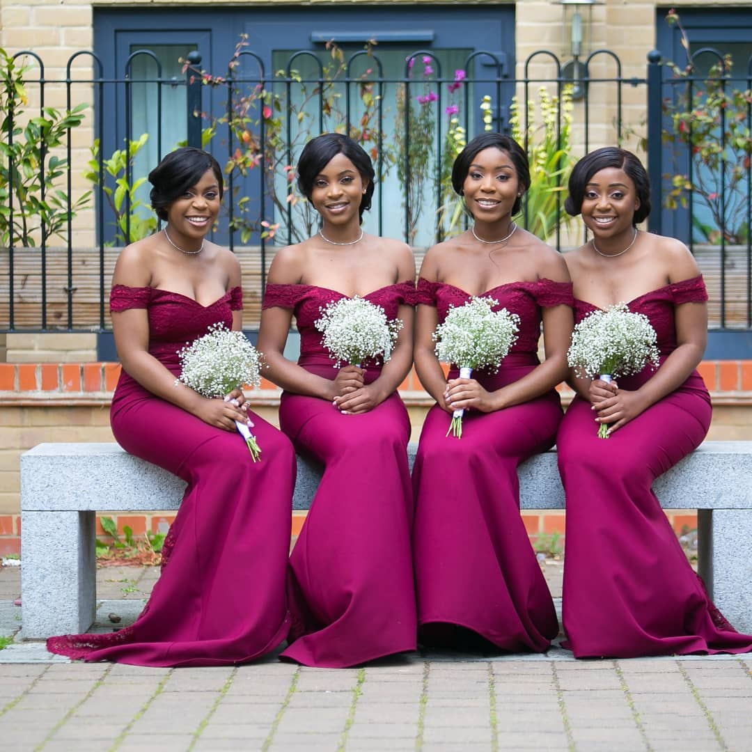 Mermaid Lace Burgundy Bridesmaid Dresses Off the Shoulder Mermaid Lace Burgundy Bridesmaid Dresses Off the Shoulder
