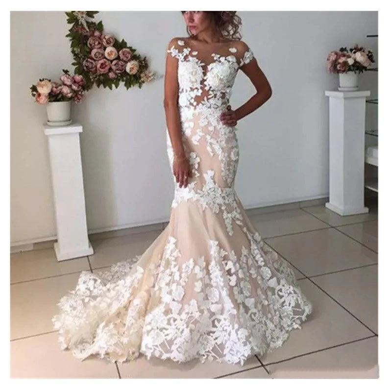 Mermaid Light Pink Wedding Dresses Backless Lace Short Sleeves Bridal Gowns US6 / Custom Color Mermaid Light Pink Wedding Dresses Backless Lace Short Sleeves Bridal Gowns US6 / Custom Color