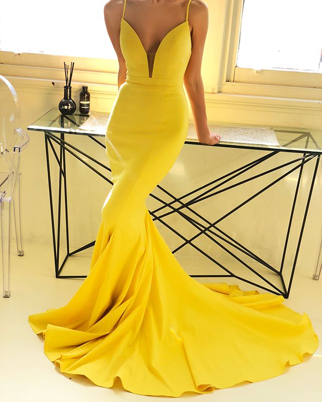 Mermaid Long V Neck Yellow Prom Dresses Spaghetti-Straps Yellow / US16 Mermaid Long V Neck Yellow Prom Dresses Spaghetti-Straps Yellow / US16
