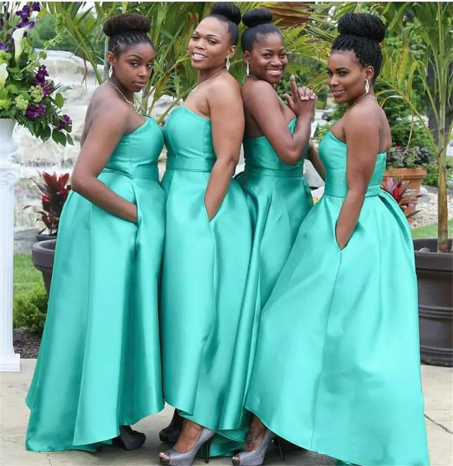 Mermaid Satin High Low Turquoise Bridesmaid Dresses with Pockets US20W / Custom color Mermaid Satin High Low Turquoise Bridesmaid Dresses with Pockets US20W / Custom color
