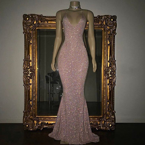 Mermaid Sleeveless Long Rose Pink Sequin Prom Dresses – MyChicDress