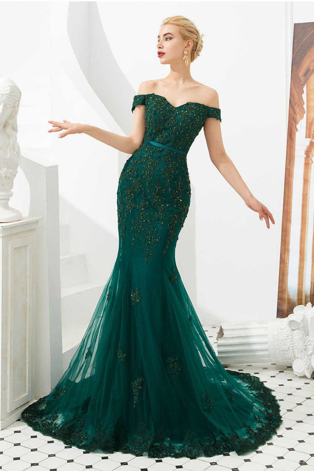Mermaid Tulle Emerald Green Lace Prom Dress with Beaded Emerald Green / US10 Mermaid Tulle Emerald Green Lace Prom Dress with Beaded Emerald Green / US10