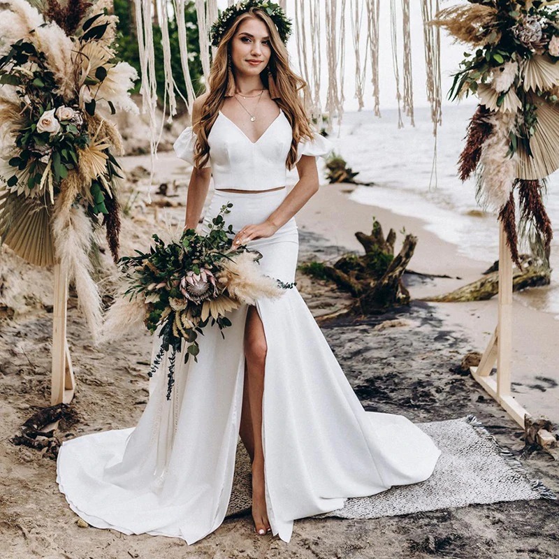 Mermaid Two Piece Beach Wedding Dresses with Split Summer Maxi Dresses US10 / White Mermaid Two Piece Beach Wedding Dresses with Split Summer Maxi Dresses US10 / White