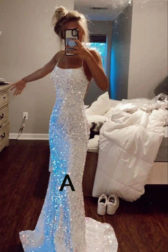 Mermaid White Iridescent Prom Dress 2025 Sequin Sparkly Evening Gown Backless Black / C / Custom Size Mermaid White Iridescent Prom Dress 2025 Sequin Sparkly Evening Gown Backless Black / C / Custom Size