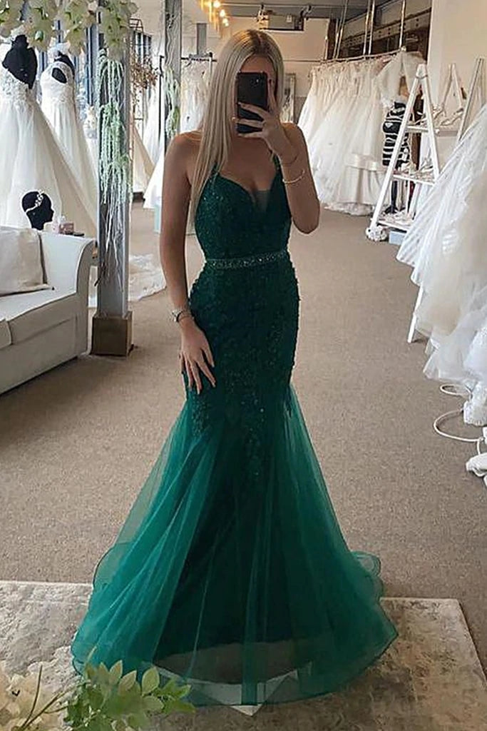 Hot Mermaid 2024 Dark Green Lace Prom Dresses UK Long Evening Gown –  MyChicDress