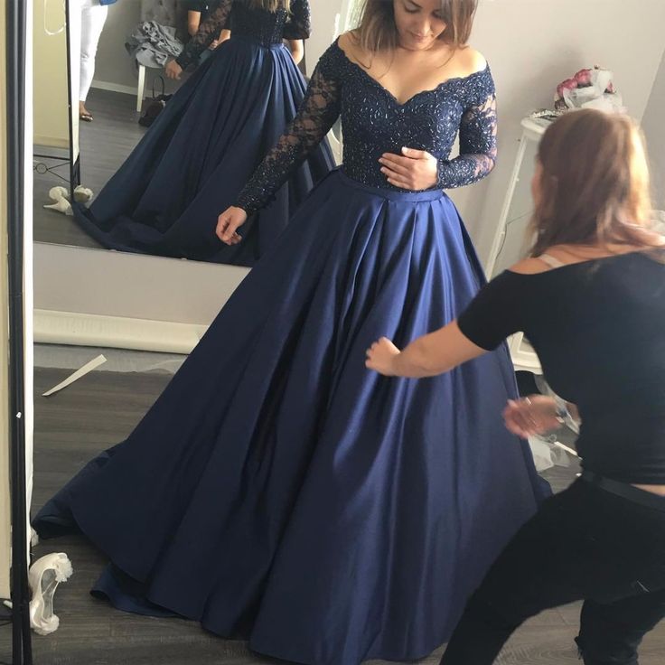 Navy-Blue Off-the-Shoulder Prom Dresses Lace Long-Sleeves Gowns Custom Color / US16 Navy-Blue Off-the-Shoulder Prom Dresses Lace Long-Sleeves Gowns Custom Color / US16