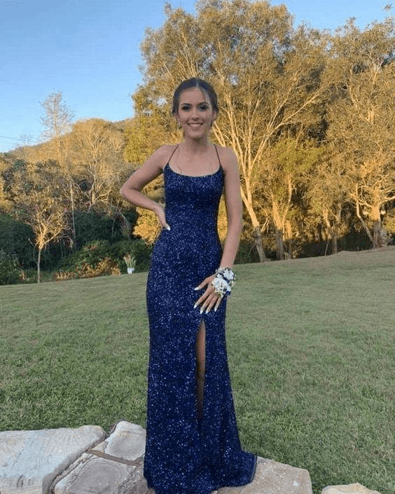 Navy Blue Sequin Prom Dresses Mermaid Long Formal Party Dresses Cross Back Navy Blue / US10 Navy Blue Sequin Prom Dresses Mermaid Long Formal Party Dresses Cross Back Navy Blue / US10