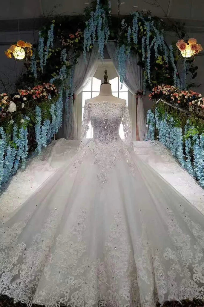 New Arrival Off The Shoulder Rhinestones Lace Wedding Gowns with Sleeves Royal Train US2 / Same as Picture New Arrival Off The Shoulder Rhinestones Lace Wedding Gowns with Sleeves Royal Train US2 / Same as Picture