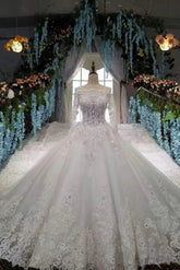 New Arrival Off The Shoulder Rhinestones Lace Wedding Gowns with Sleeves Royal Train MyChicDress