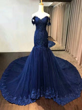 New Lace Navy Blue Prom Dresses Tulle Vintage Evening Dress Off The Shoulder MyChicDress