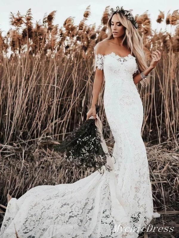 Off the Shoulder Lace Beach Boho Wedding Dresses Mermaid Bridal