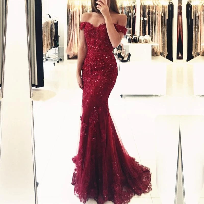 Off the Shoulder Lace Mermaid Burgundy Prom Dresses MyChicDress Off the Shoulder Lace Mermaid Burgundy Prom Dresses MyChicDress