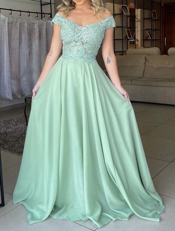 Off the Shoulder Lace Sage Green Prom Dresses Long Chiffon Formal