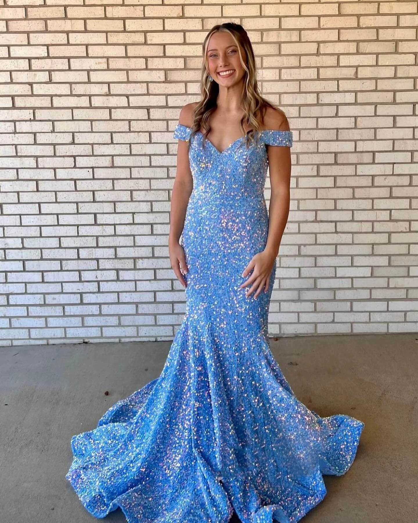 Off the Shoulder Light Blue Prom Dresses Sequin Mermaid Long Formal Dr MyChicDress Off the Shoulder Light Blue Prom Dresses Sequin Mermaid Long Formal Dr MyChicDress