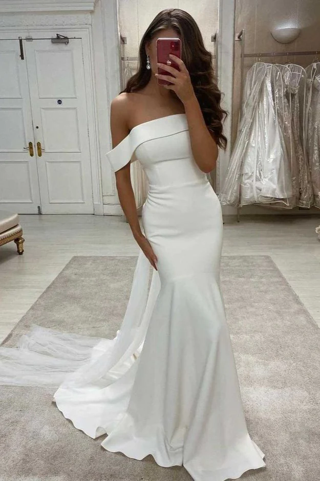 Off the Shoulder Mermaid Satin Bridal Dress UK Long Ivory Wedding Dres MyChicDress Off the Shoulder Mermaid Satin Bridal Dress UK Long Ivory Wedding Dres MyChicDress