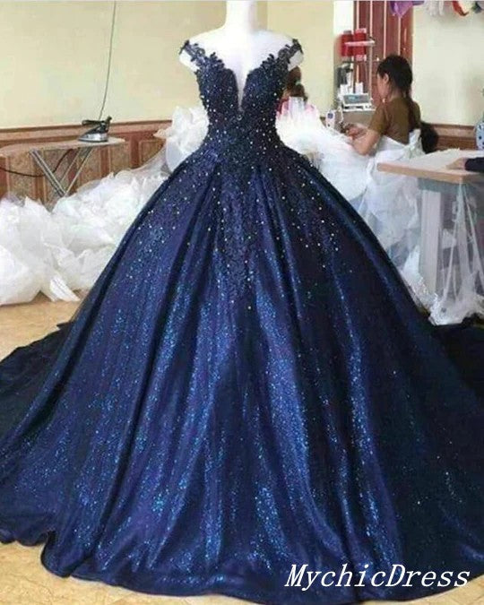 Off the Shoulder Navy Blue Sequin Quince Dresses Ball Gown Lace