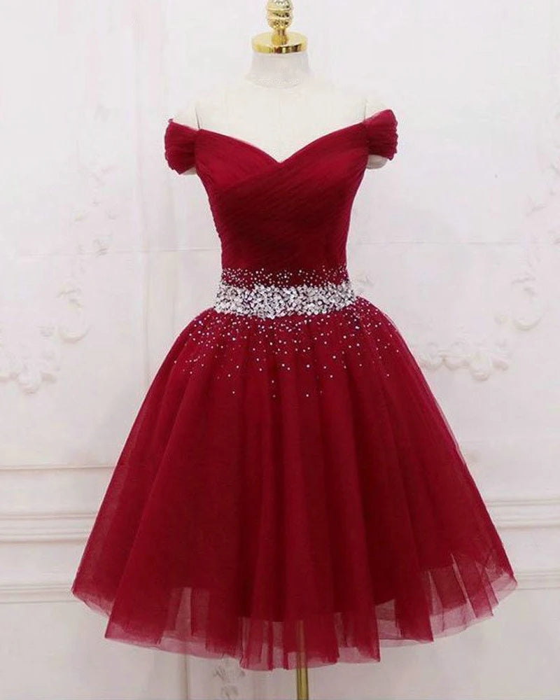 Off the Shoulder Red Short Homecoming Dress Beaded Tulle Lace Up
