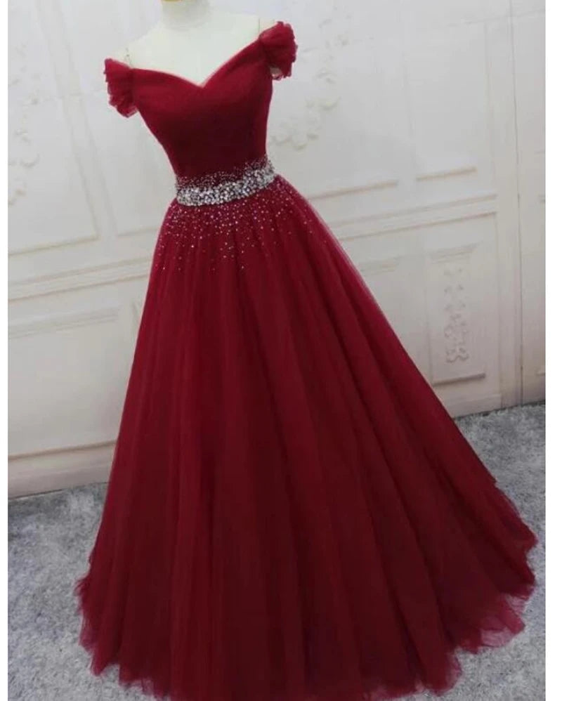 Off the Shoulder Tulle Beaded Long Red Prom Dresses Lace Up MyChicDress Off the Shoulder Tulle Beaded Long Red Prom Dresses Lace Up MyChicDress