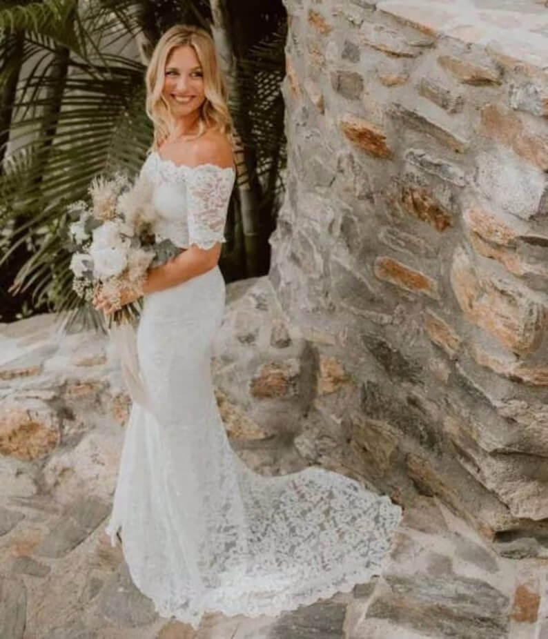Off the Shoulder 2 Piece Beach Lace Wedding Dress Summer Bridal Dress –  MyChicDress