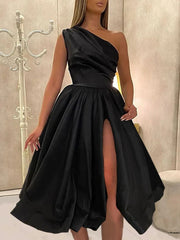 2024 One Shoulder Black Satin Wedding Guest Dresses Tea Length Prom Dresses with Slit