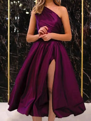 2024 One Shoulder Black Satin Wedding Guest Dresses Tea Length Prom Dresses with Slit