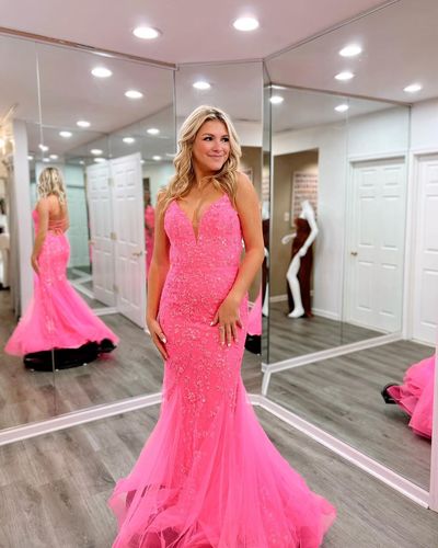 Pink Mermaid V Neck Prom Dresses Coral Tulle Long Evening Dress with A MyChicDress Pink Mermaid V Neck Prom Dresses Coral Tulle Long Evening Dress with A MyChicDress