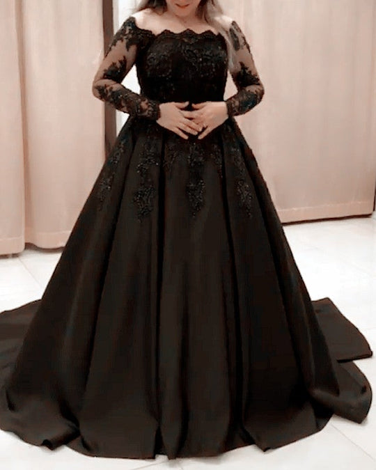 Black Long Sleeves Lace Prom Dresses Plus Size Satin Formal Evening Go