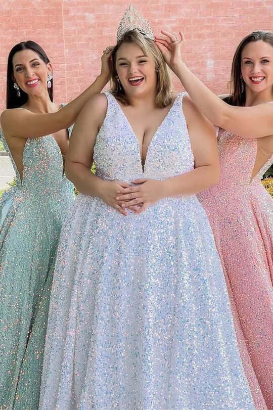 Plus Size White Sequin Iridescent Prom Dress V-Neck Backless A-Line Fo MyChicDress Plus Size White Sequin Iridescent Prom Dress V-Neck Backless A-Line Fo MyChicDress