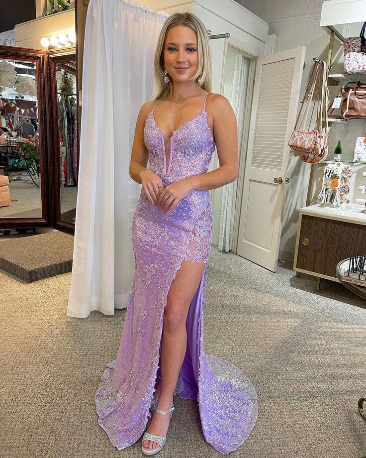 Long Tight Dress With Slit Purple Long Tight Sparkly Dresses