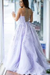 Pretty Lavender Lace Long Prom Dresses Appliqued Cross Back UK Formal Dress