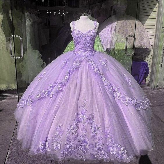 Princess 3D Flowers Lavender Quince Dresses 2025 Lace Ball Gown