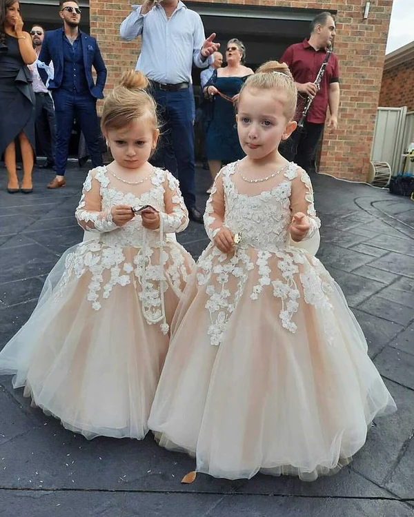 Princess Lace Long Sleeves Champagne Flower Girl Dresses Cheap Princess Lace Long Sleeves Champagne Flower Girl Dresses Cheap