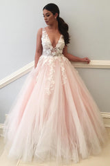 Princess Pink Long Prom Dresses V Neck Tulle Evening Dress with Lace Appliques
