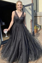 Black Lace Long PromDresses 2024 Tulle V Neck A Line Formal Dresses
