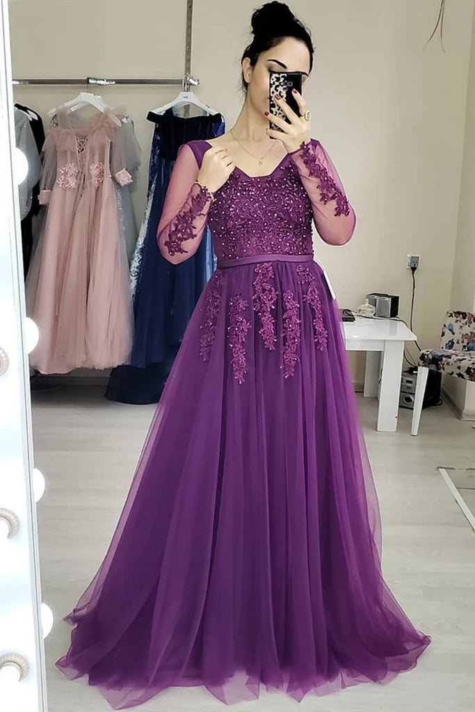 Purple Lace Long Sleeves Prom Dresses Appliques Tulle Evening Gowns Custom Color / Custom Size Purple Lace Long Sleeves Prom Dresses Appliques Tulle Evening Gowns Custom Color / Custom Size
