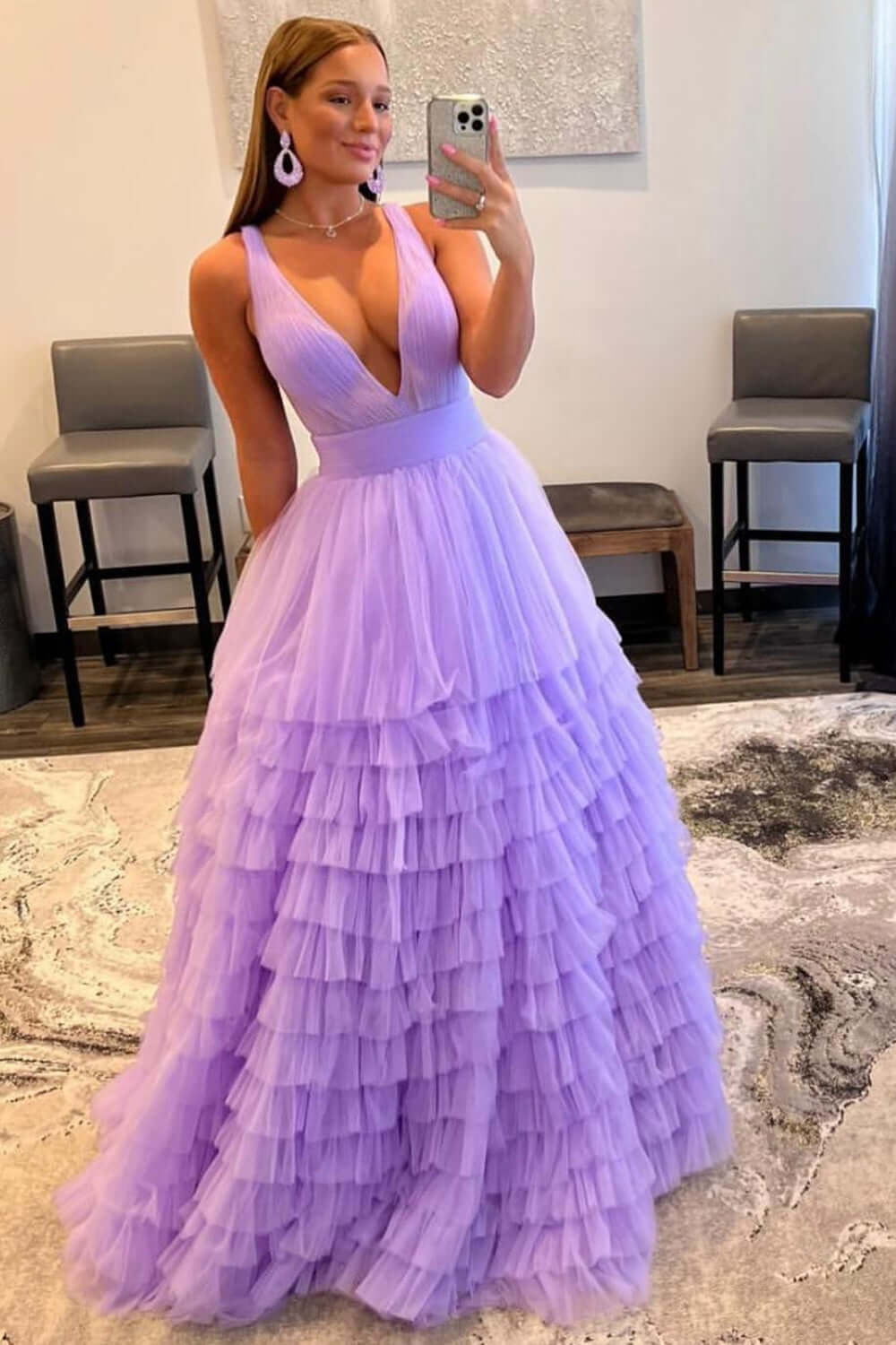 Purple Layered Prom Dresses Ruffle Plunging Deep V-Neck Tiered Evening Dress Purple / US16 Purple Layered Prom Dresses Ruffle Plunging Deep V-Neck Tiered Evening Dress Purple / US16