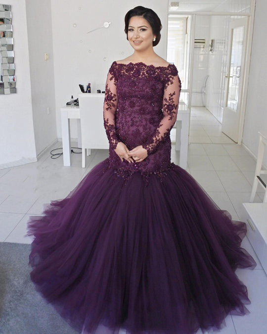 Purple Long Sleeves Plus Size Prom Dresses Lace Mermaid Formal